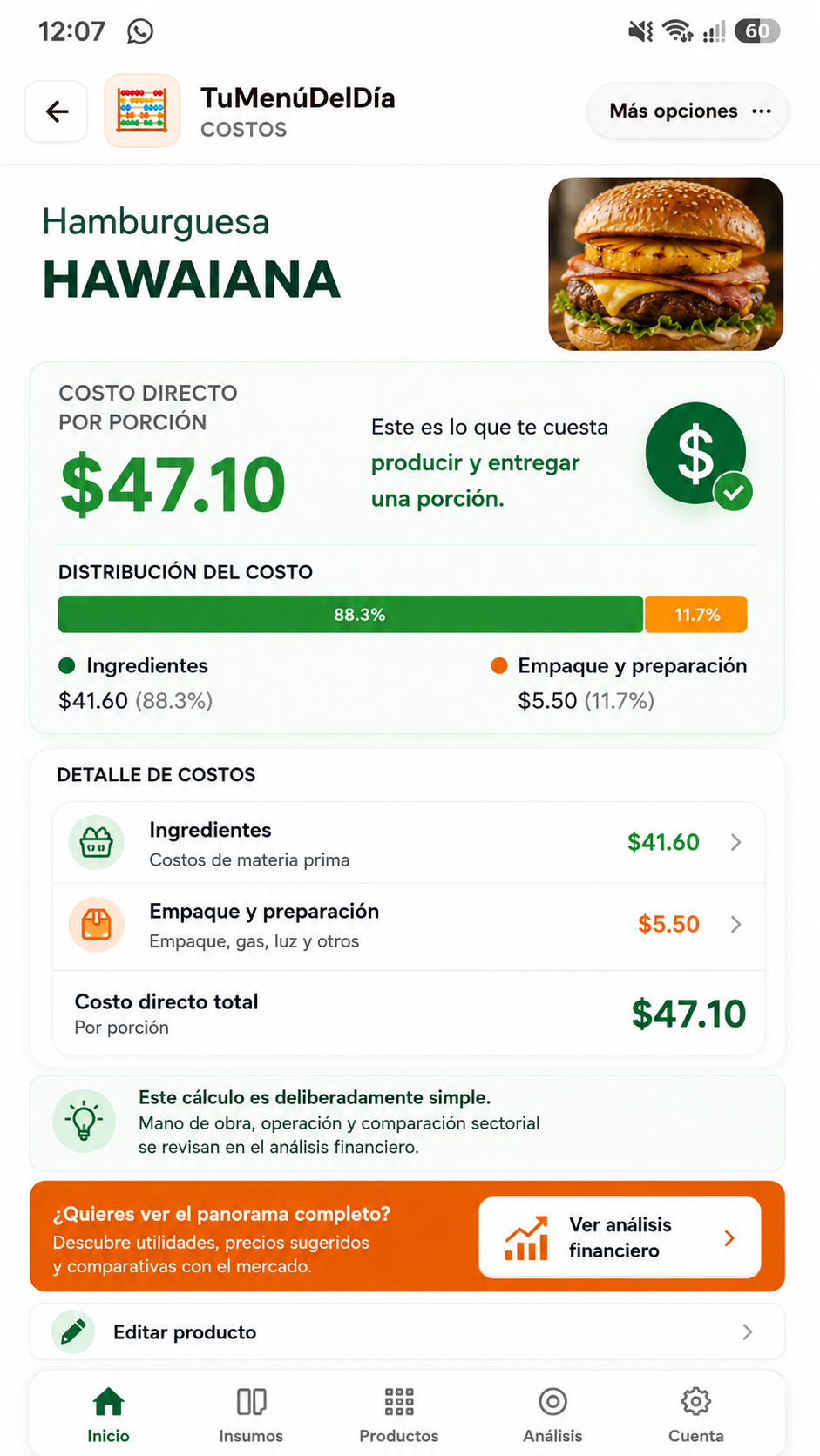 Vista de la calculadora simple de TuMenúDelDía Costos